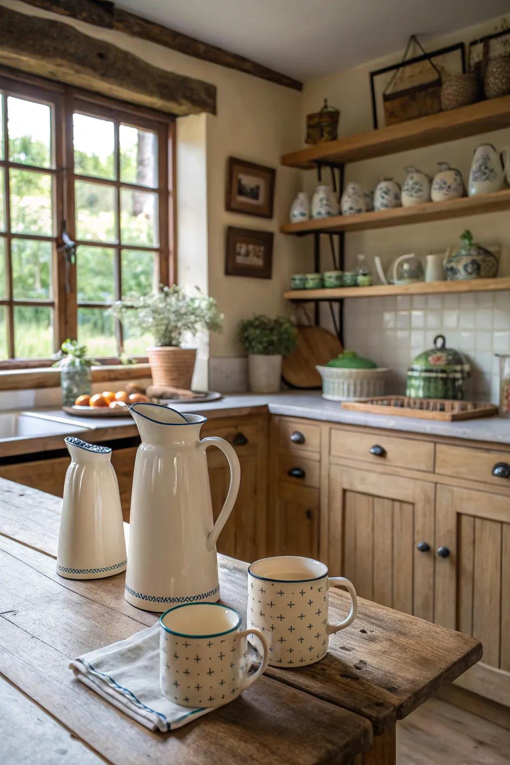 Functional decor pieces adding charm and practicality to a farmhouse kitchen.