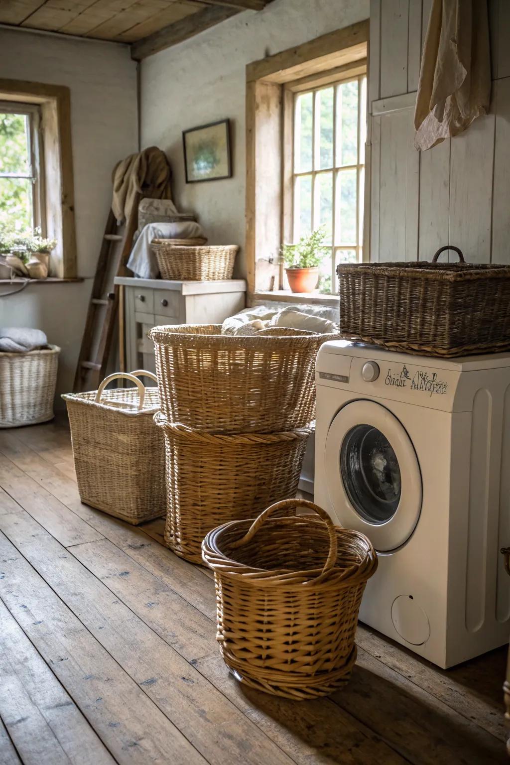 Decorative baskets offer both function and flair in this farmhouse laundry room.