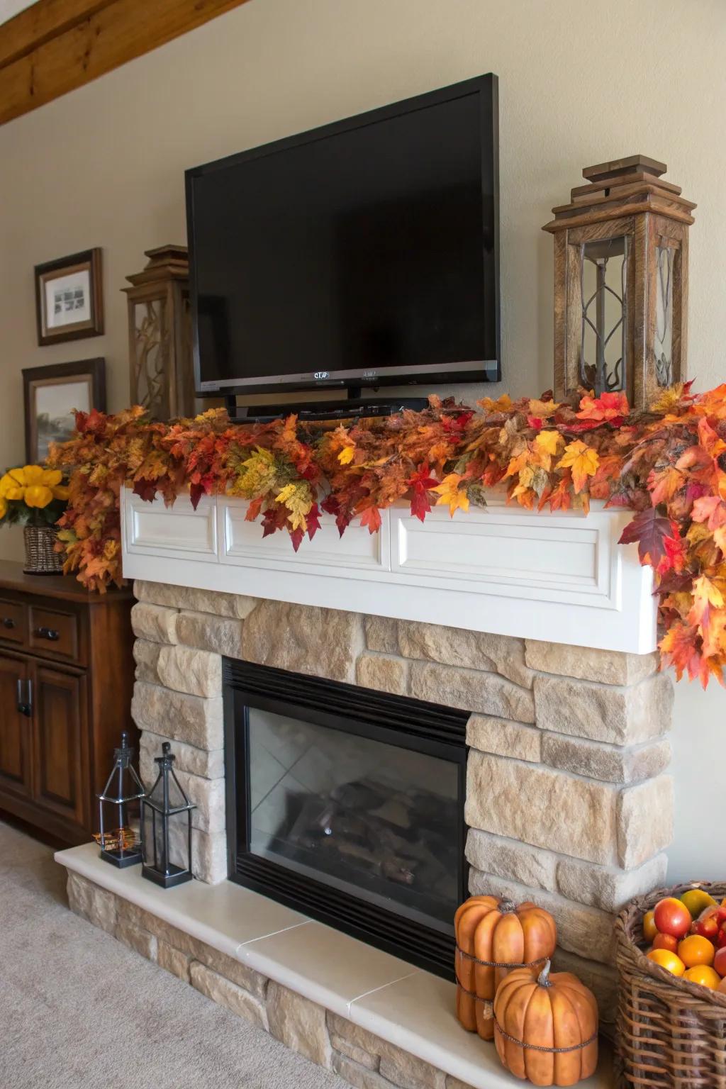 A farmhouse mantel with a TV above, featuring seasonal decor for a festive touch.