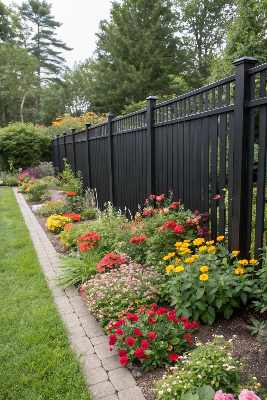 A black fence establishes a stunning contrast with lively garden colors.