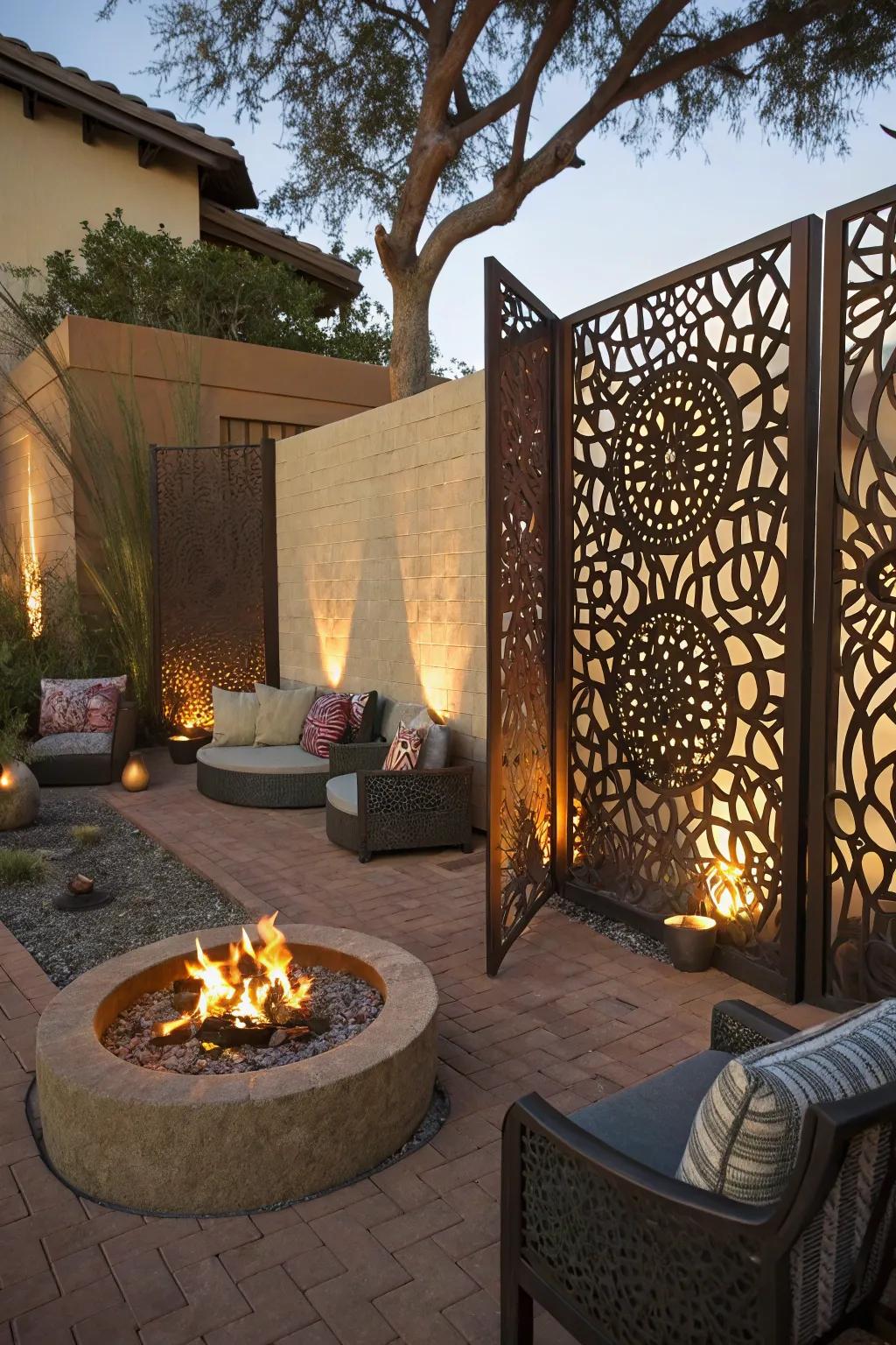 Metal screens offer stylish privacy with the benefit of artistic shadow play.