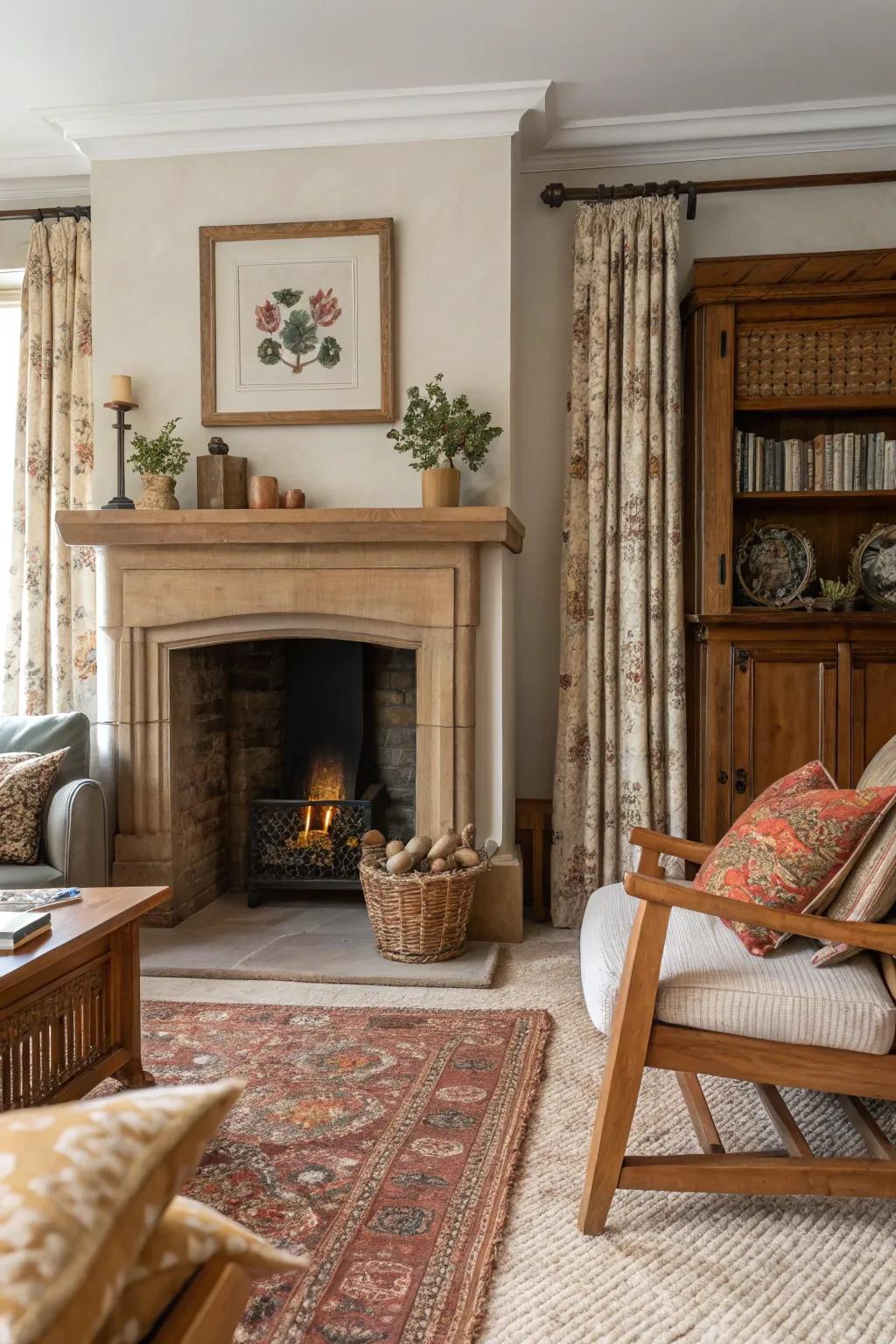 A living room displaying a textural blend of timber and textile encircling the fireside alcove.