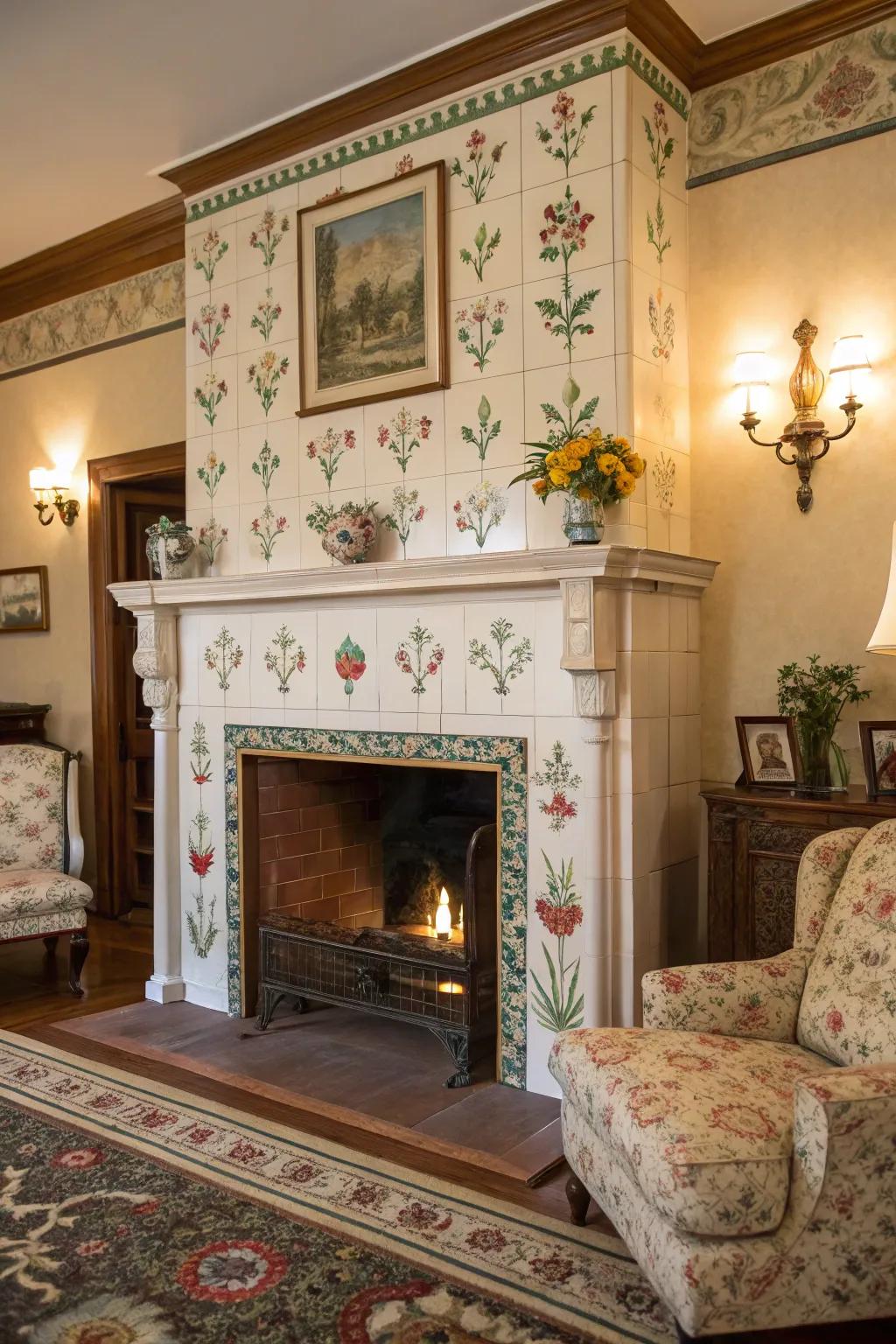 Hand-painted tiles turn this fireplace into a unique work of art.