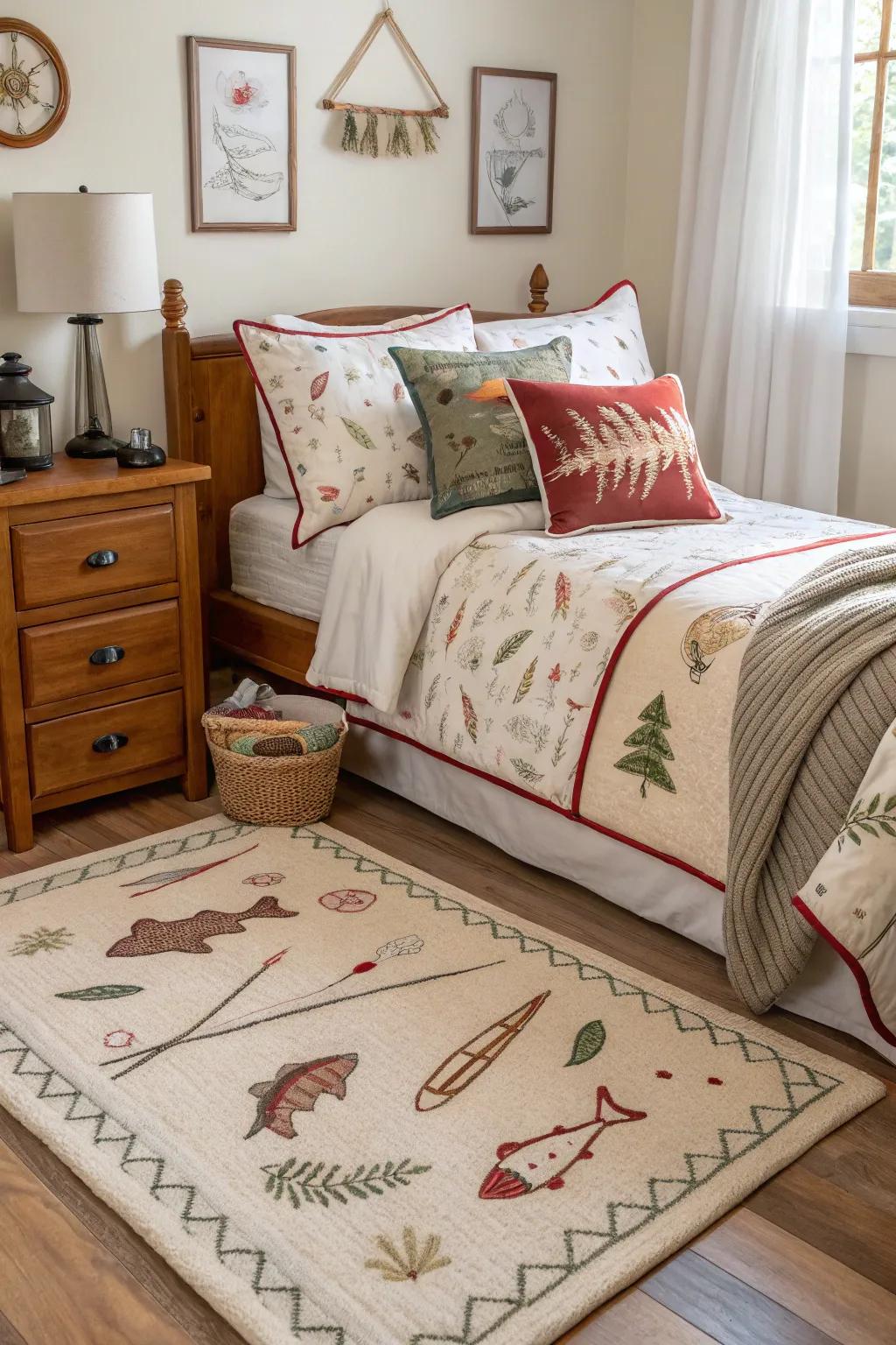 The room's theme is tied together by accessories with a tackle theme.