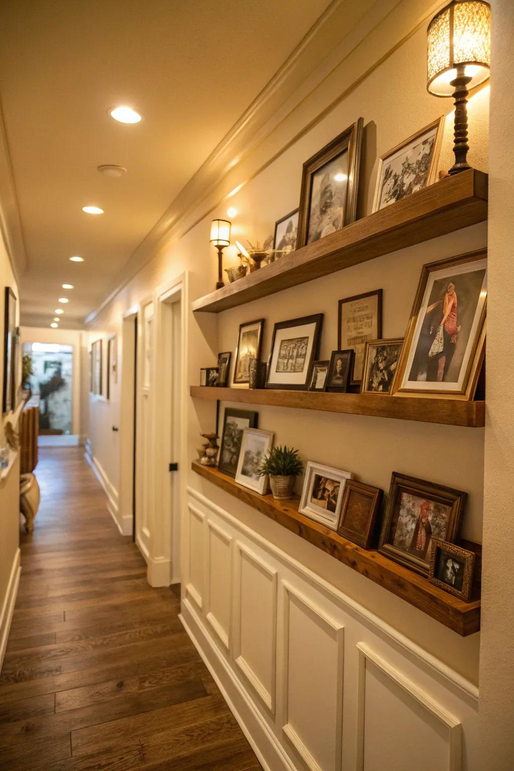 Inject personal touches into your hallway with floating shelves.