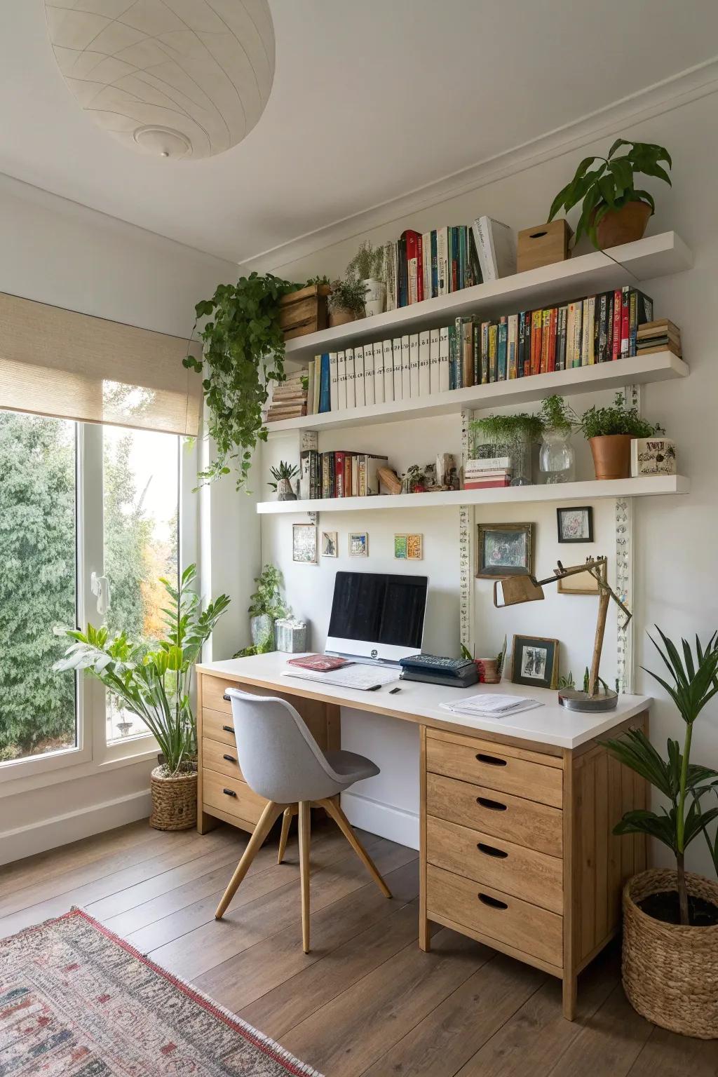 Home office efficiency with floating shelves for storage.