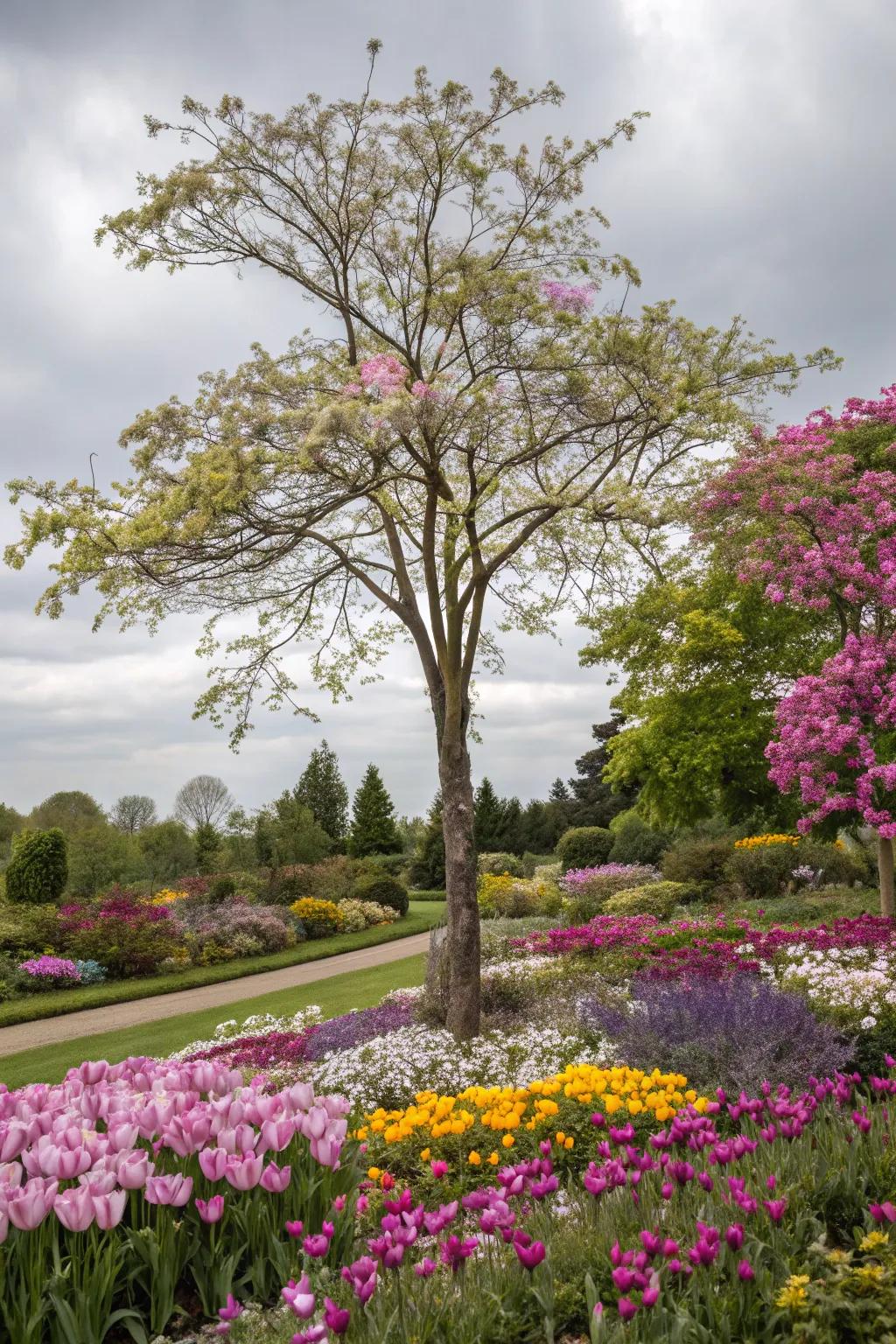 Strikingly contrasting colors make this flower bed close to the tree truly remarkable.