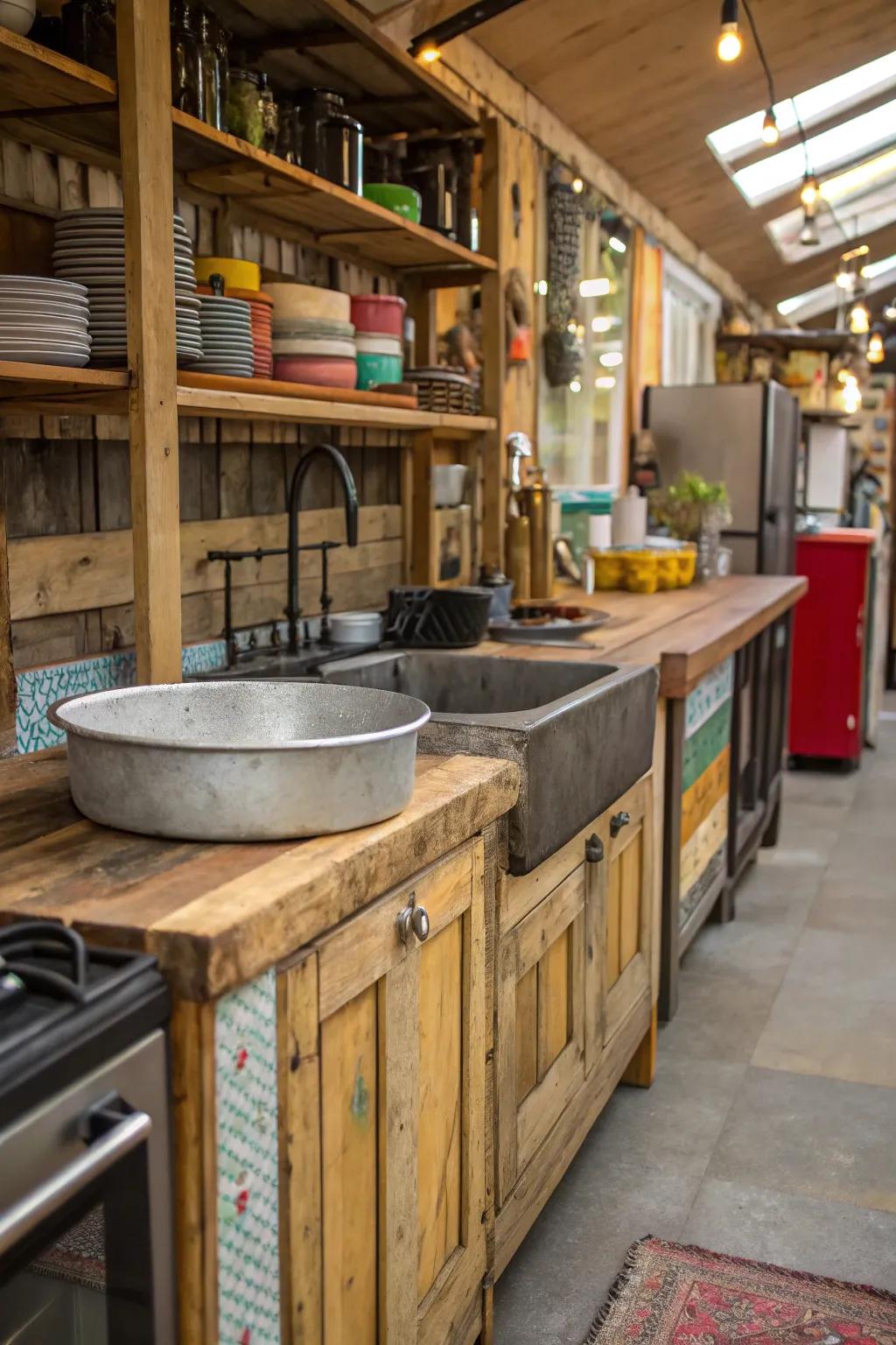 An eclectic kitchen showcasing a mix of materials with a free standing sink.