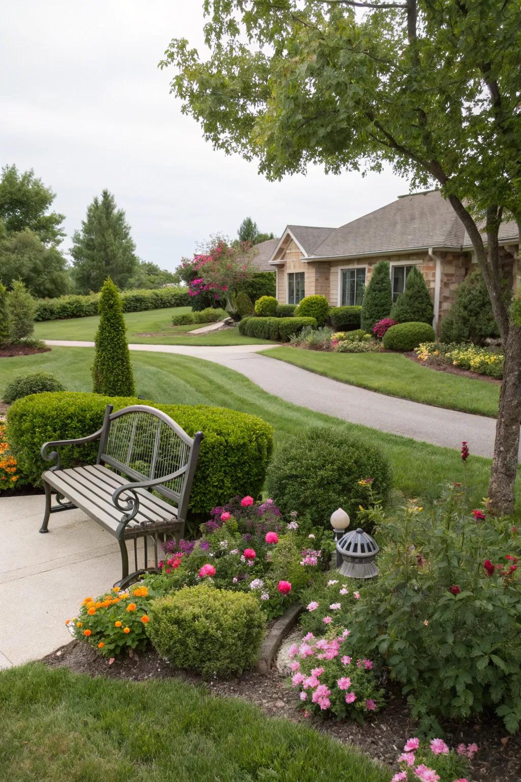 A quaint seating area nestled in a landscaped corner.