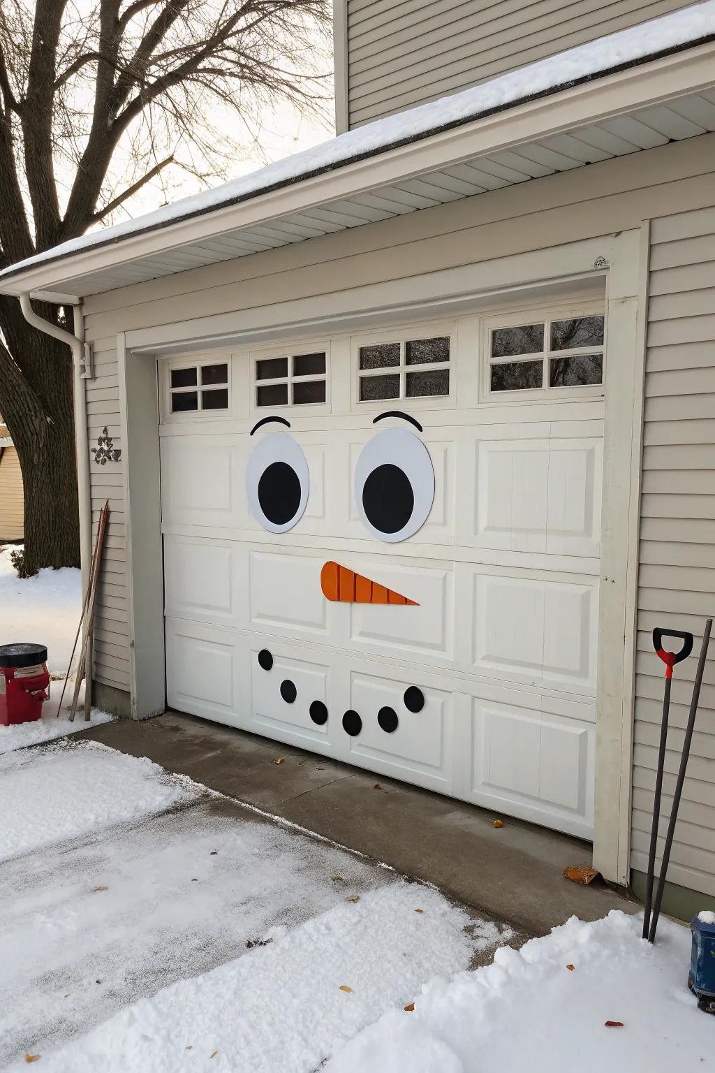 Garage door decorated as a snowman face with decals.