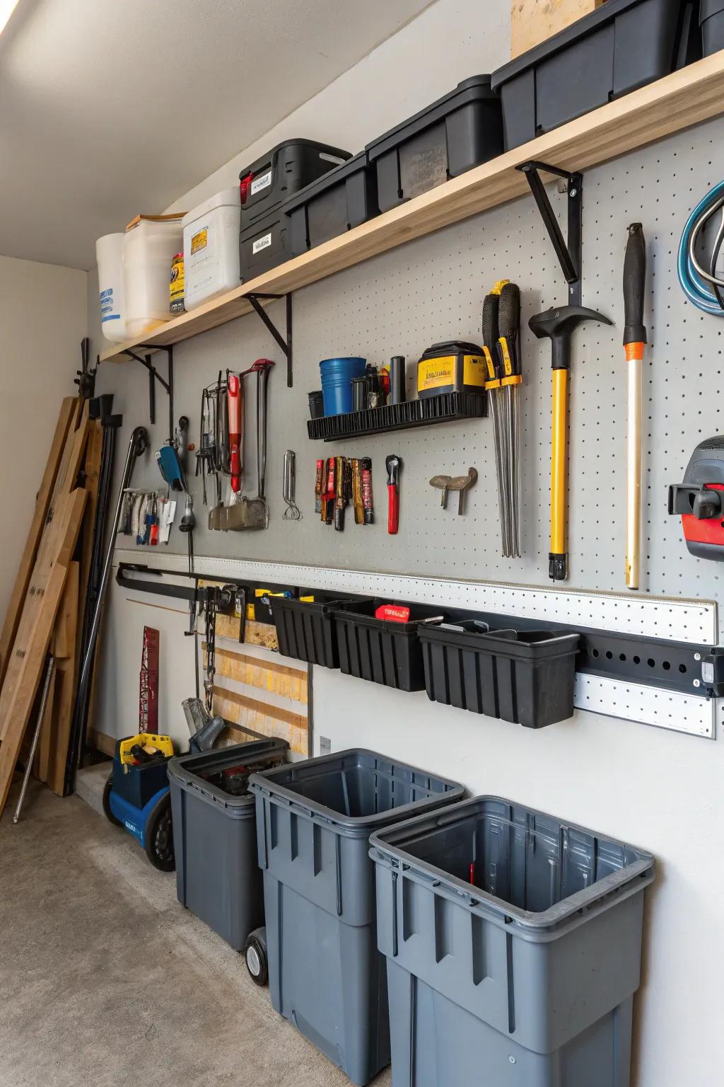 Track rail systems provide flexible storage options for garage walls.