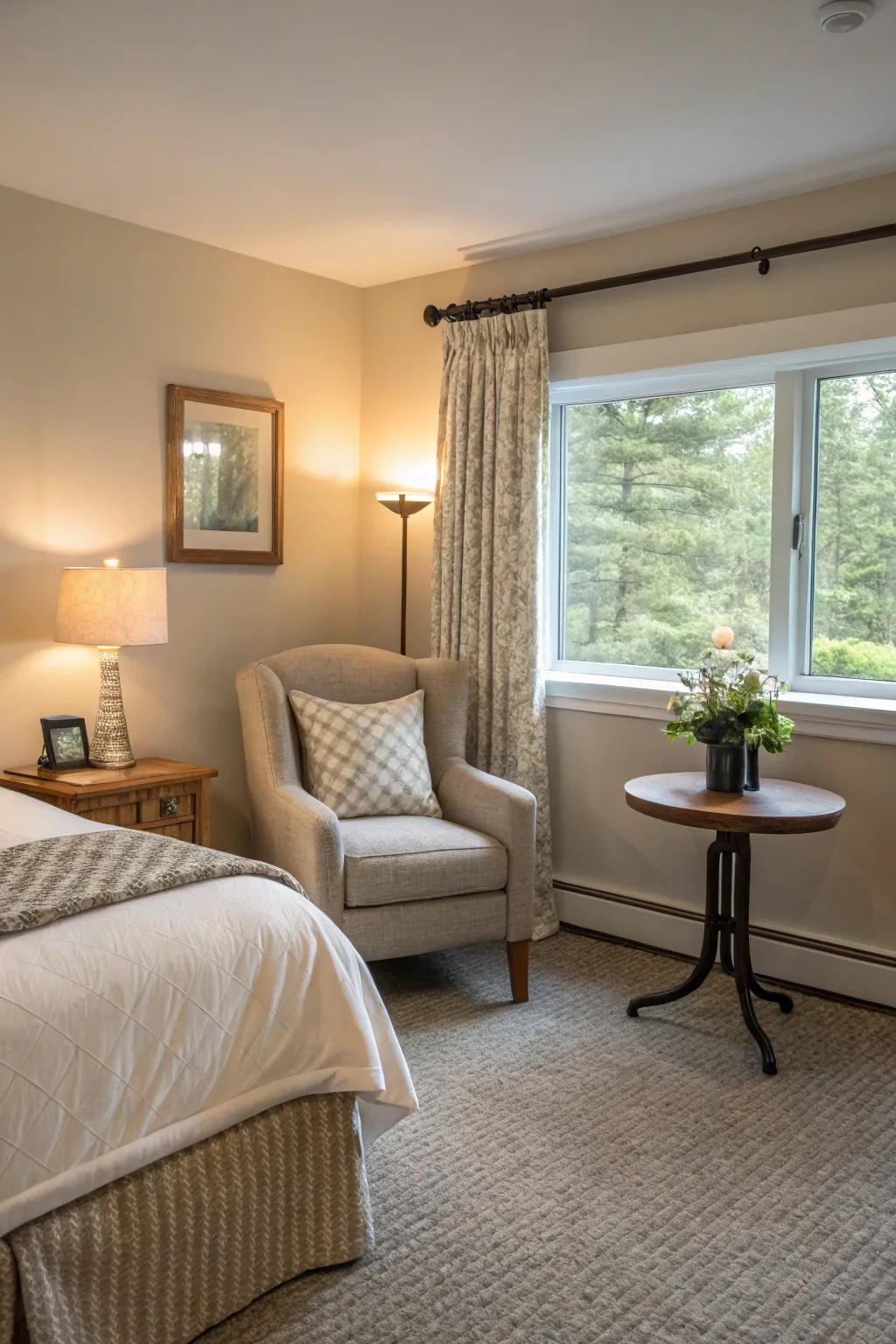 A seating area adds functionality and charm to the guest room.