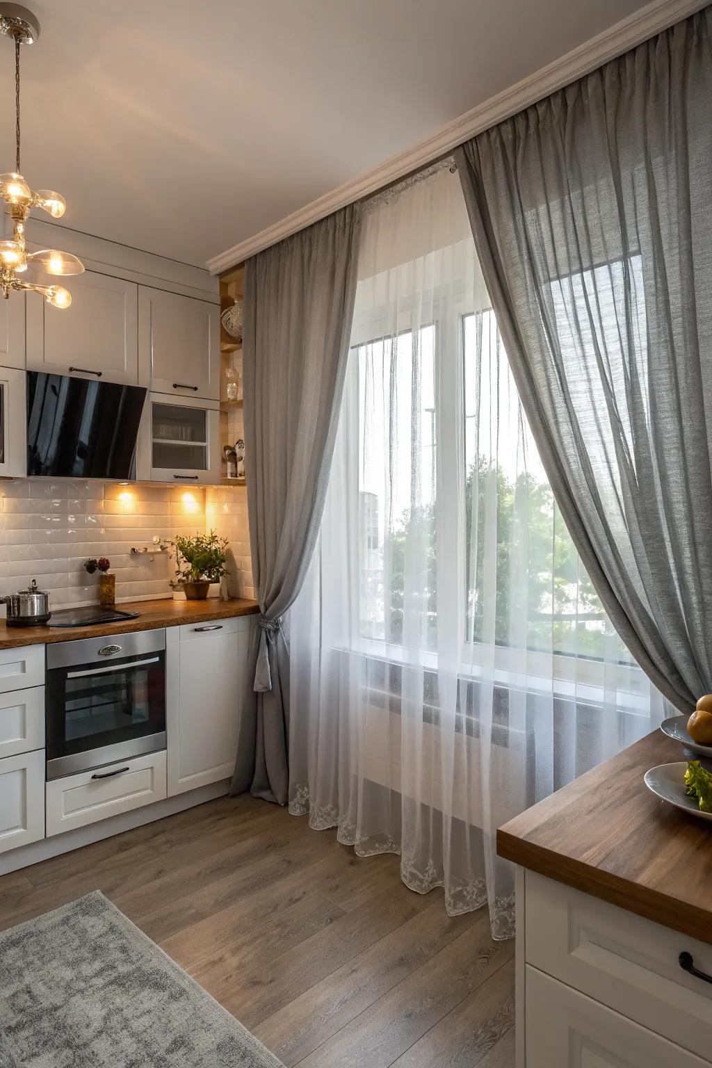 Coordinated gray window coverings alongside gauzy panels for amplified dimension and texture.