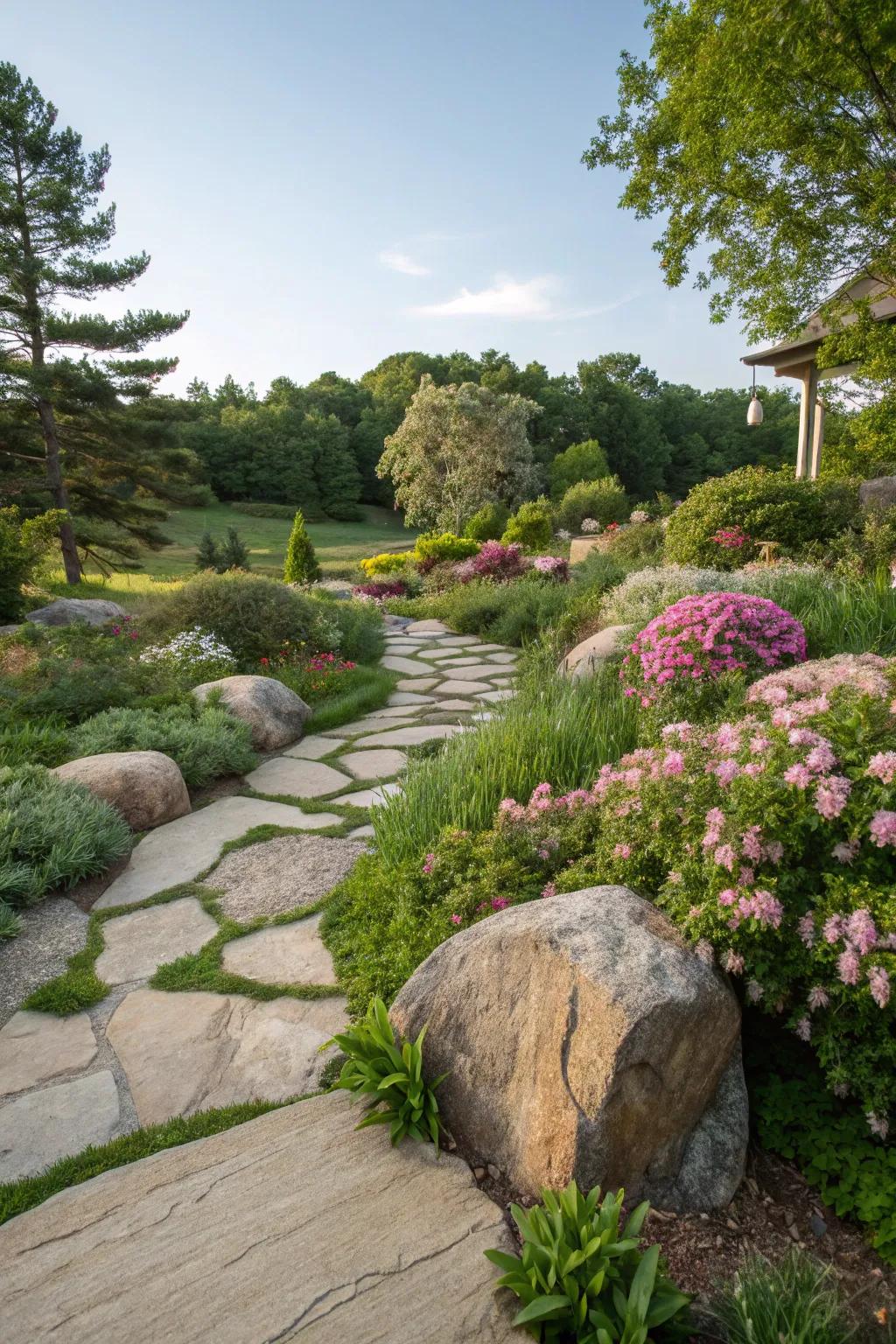 Natural stone elements seamlessly integrated into a lush garden setting.