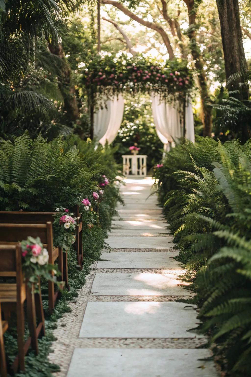 A verdant aisle creating a natural path for the ceremony.