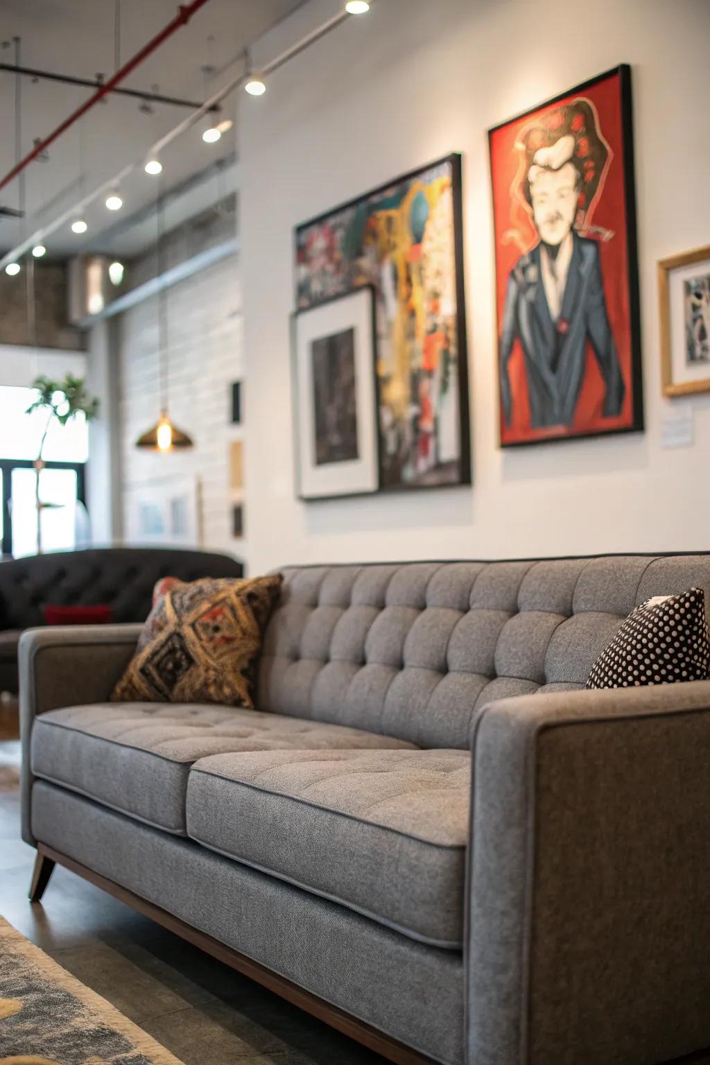 A striking artwork elevates the grey couch setting.