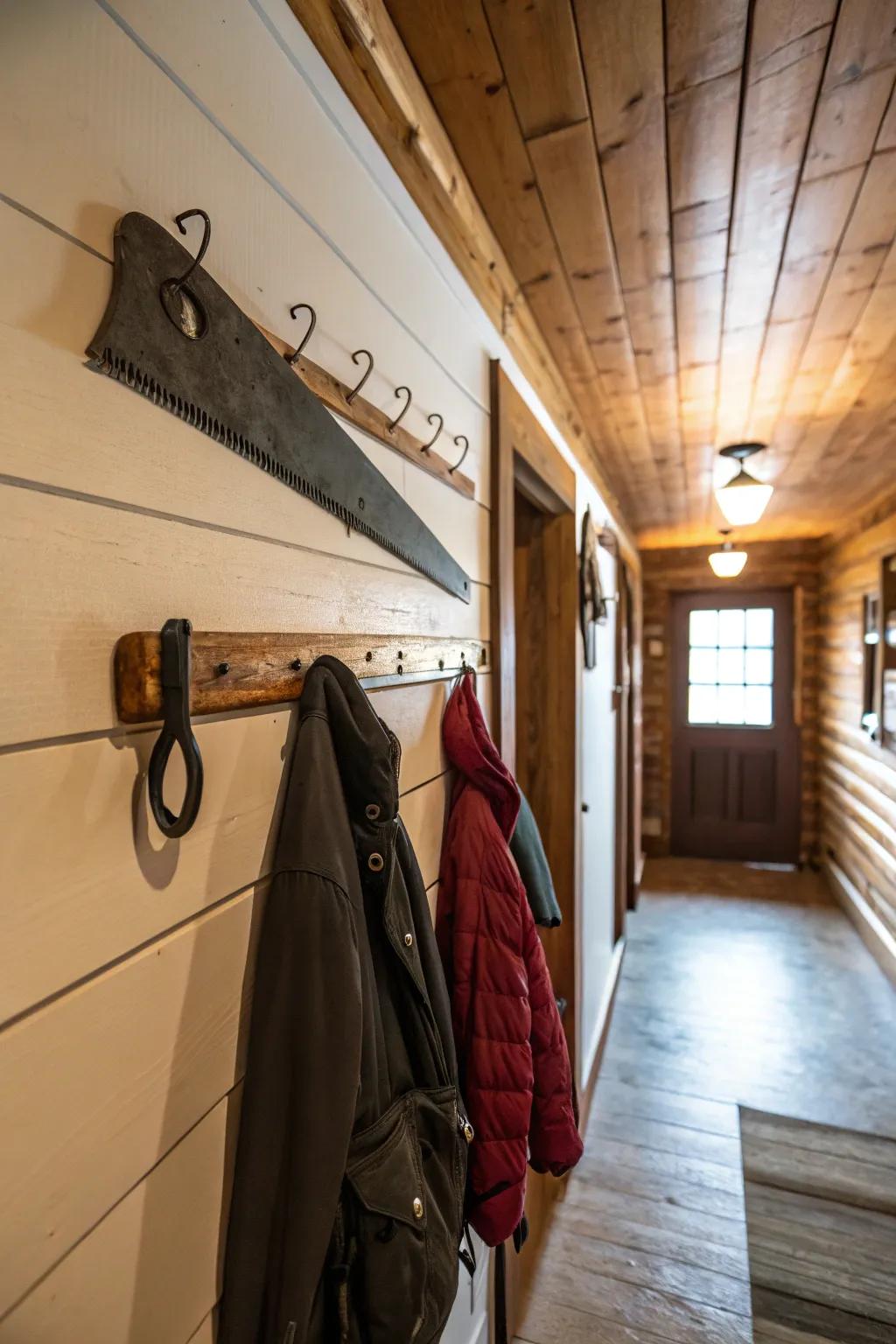 A hand saw repurposed into a functional coat rack.