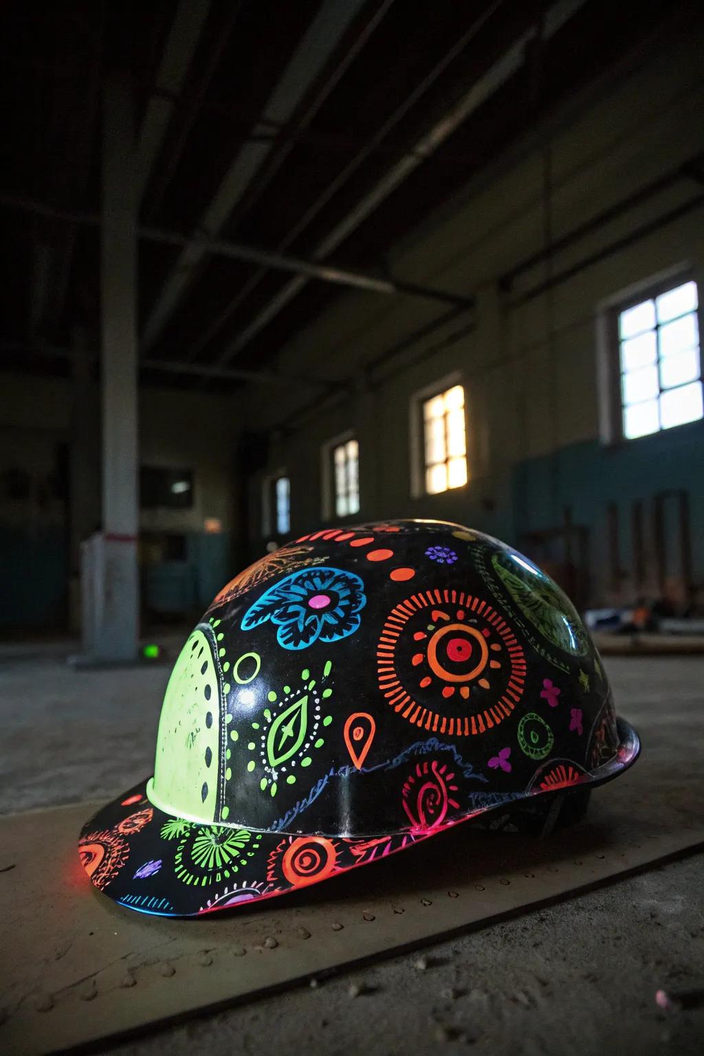 A safety helmet glowing vibrantly with light-up creativity.
