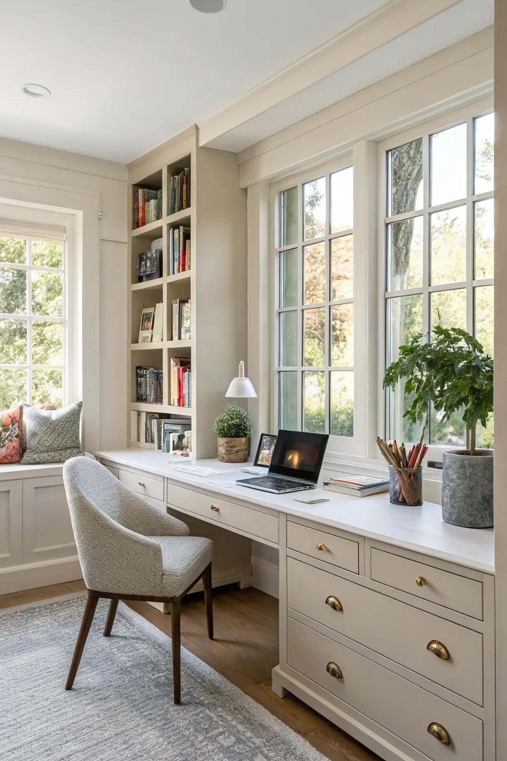 Natural light brightens this home office, enhancing its open feel.