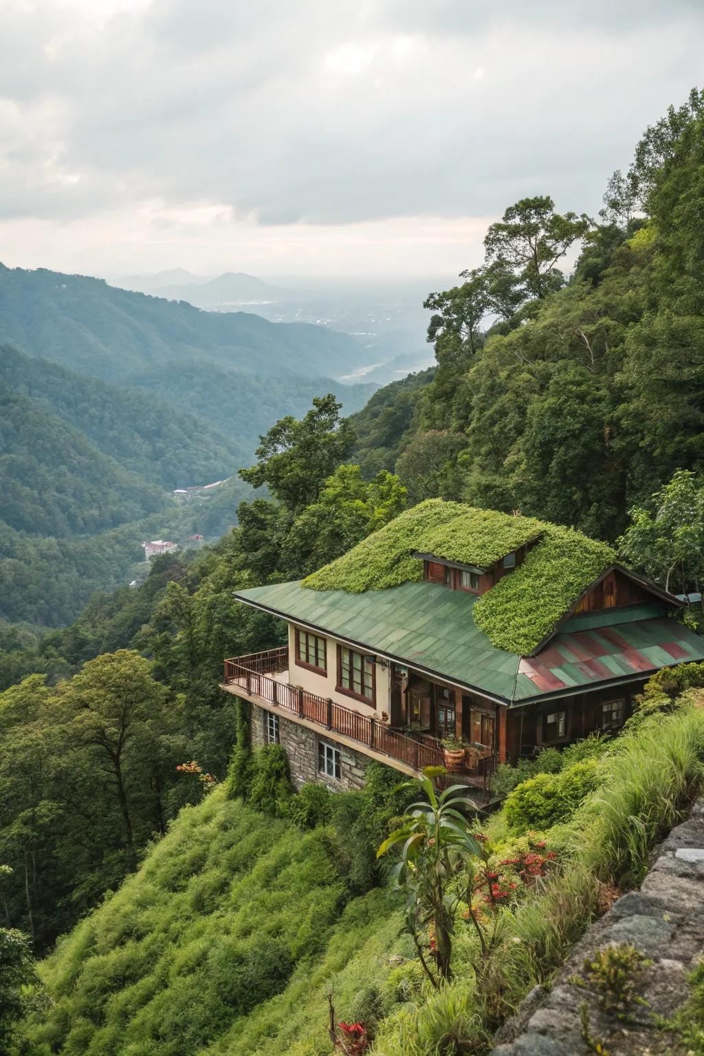 A green roof that merges with the surrounding landscape.