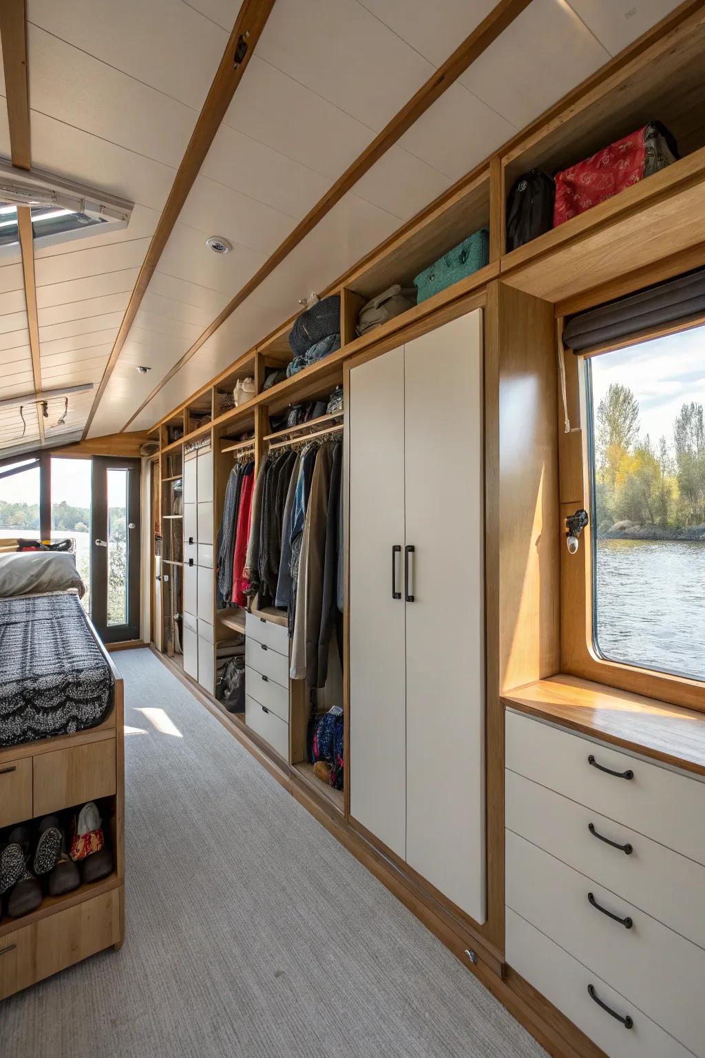 Vertical storage maximizes space in this houseboat's kitchen.