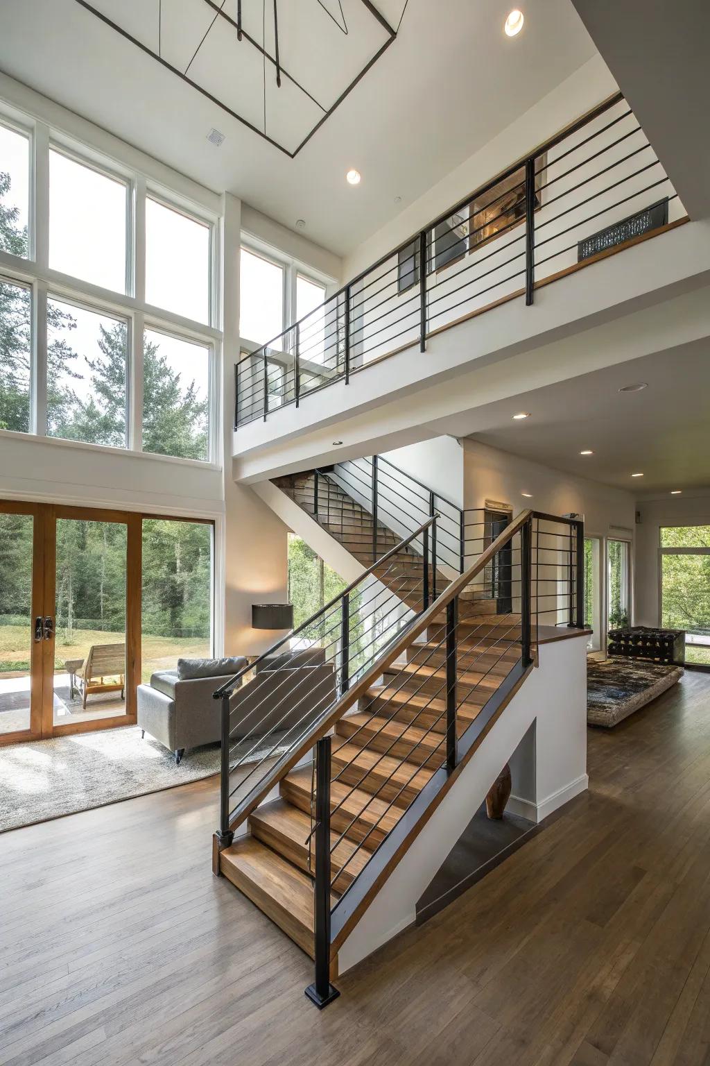 Open stairs facilitate a fluid transition between levels.