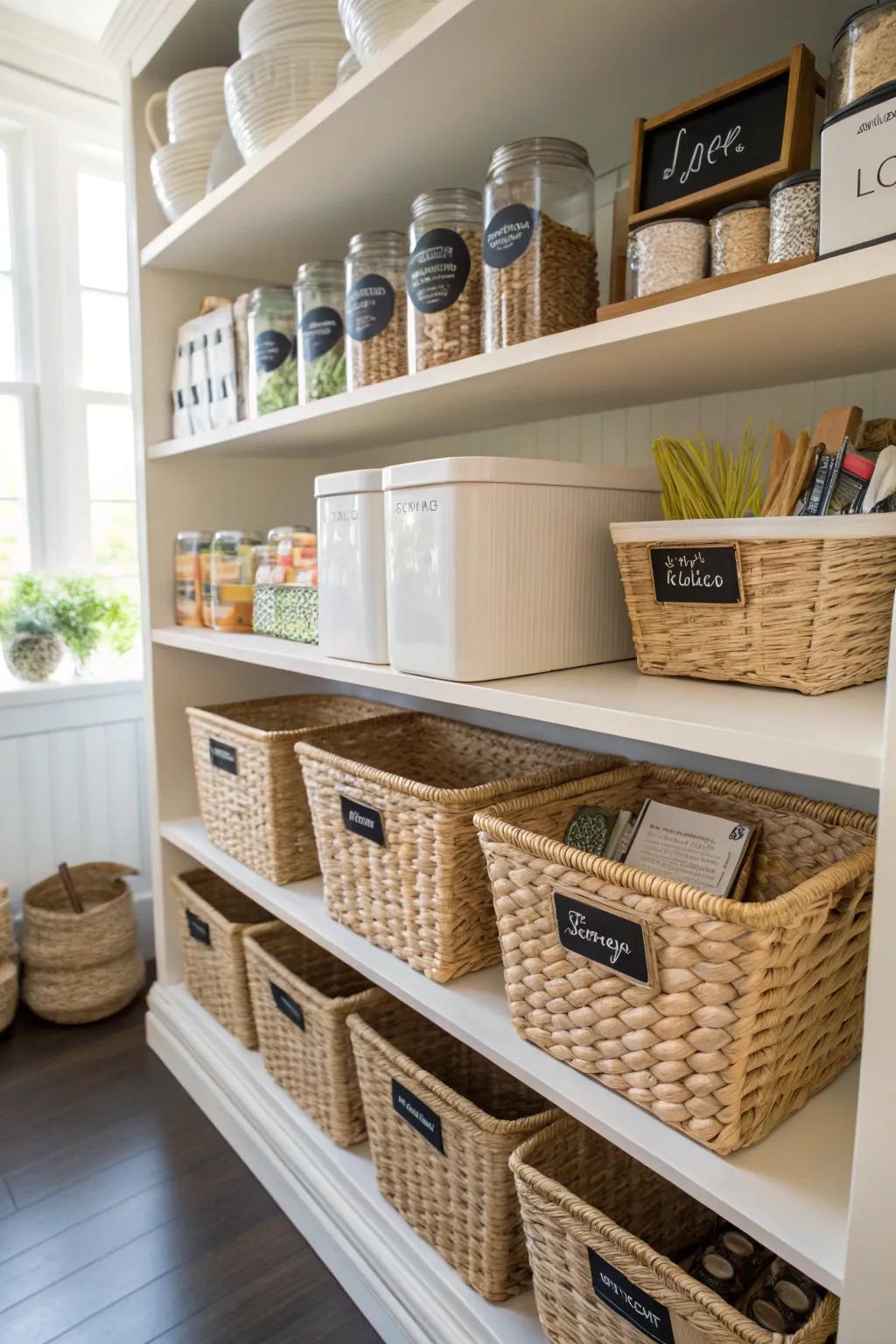 Baskets impart structure and flair to kitchen pantries.