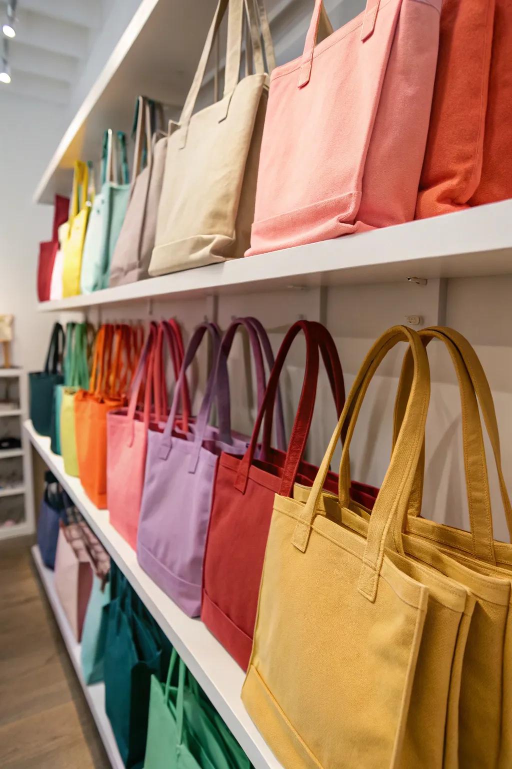 Grouping bags by shade adds a dash of balance to your storage solutions.