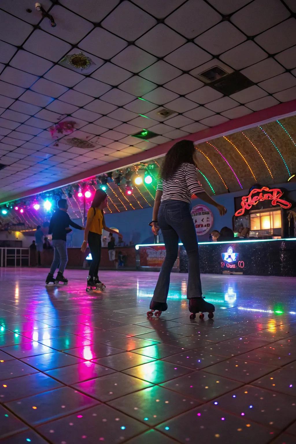 A lively roller disco setup with skaters enjoying the fun.