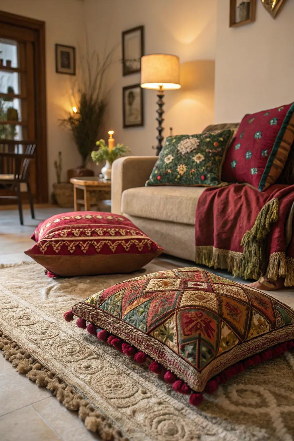 Rich textiles and plush rugs add luxury and warmth.