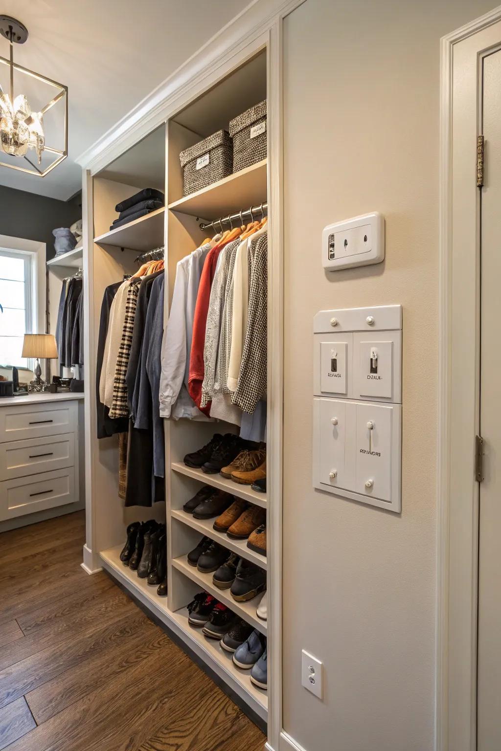 A closet design integrating readily accessible outlets and switches.