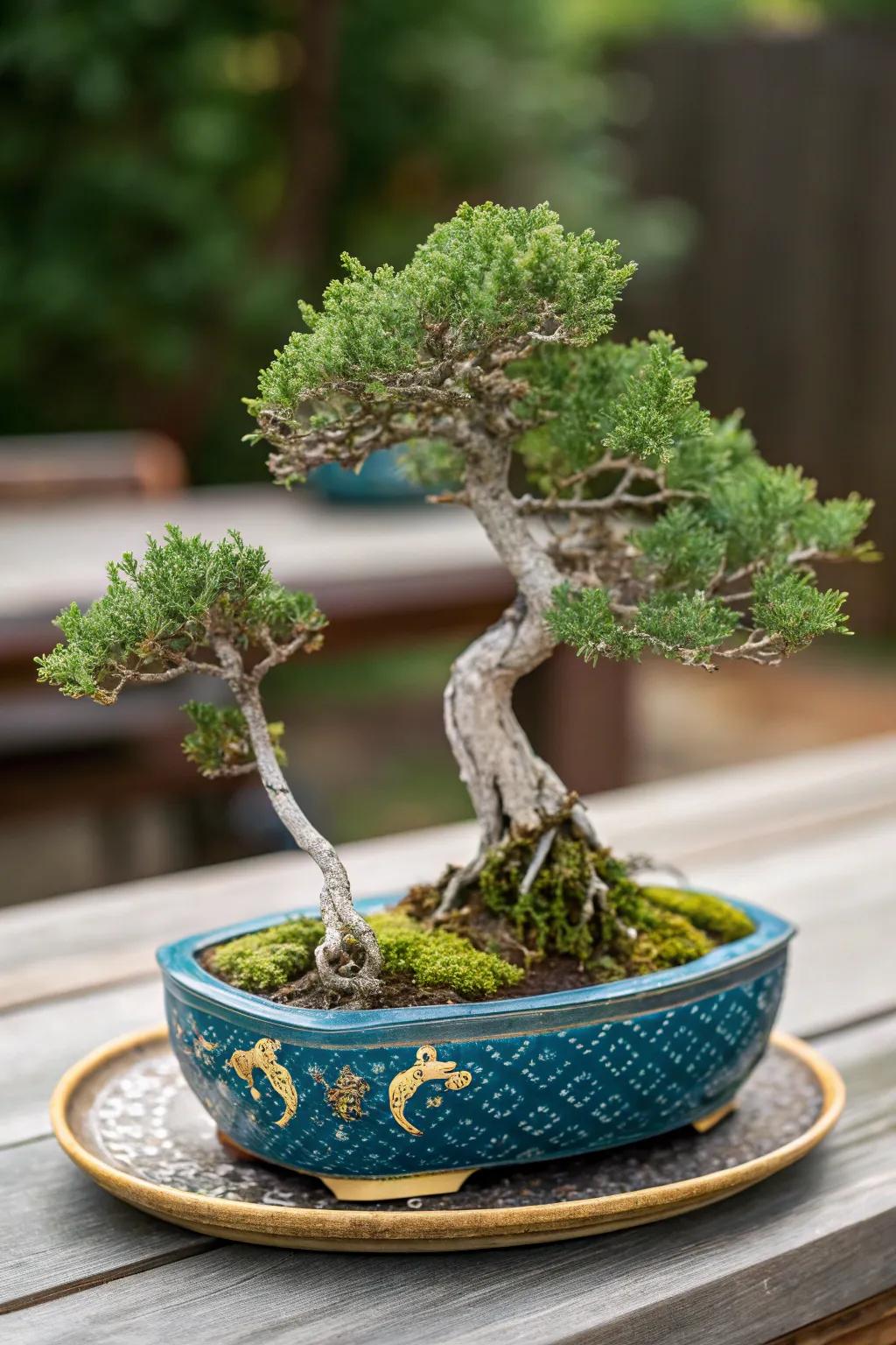 A paired trunk juniper bonsai symbolizing unity on a decorative porcelain dish.