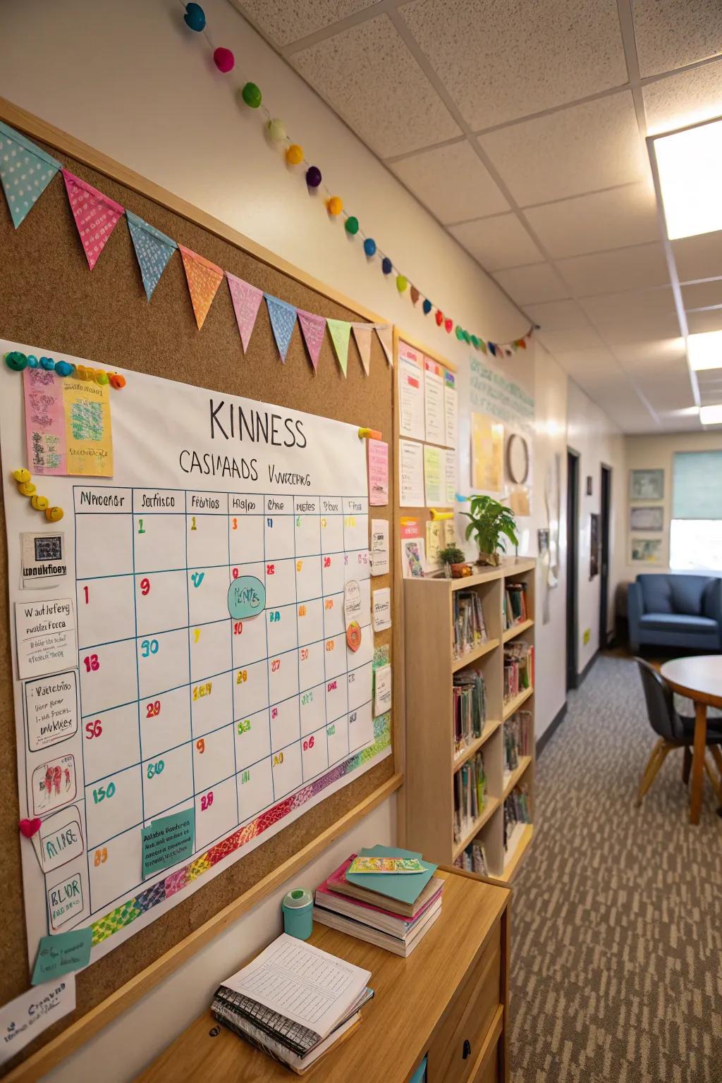 A study room kindness challenge calendar with daily prompts and vibrant decorations.