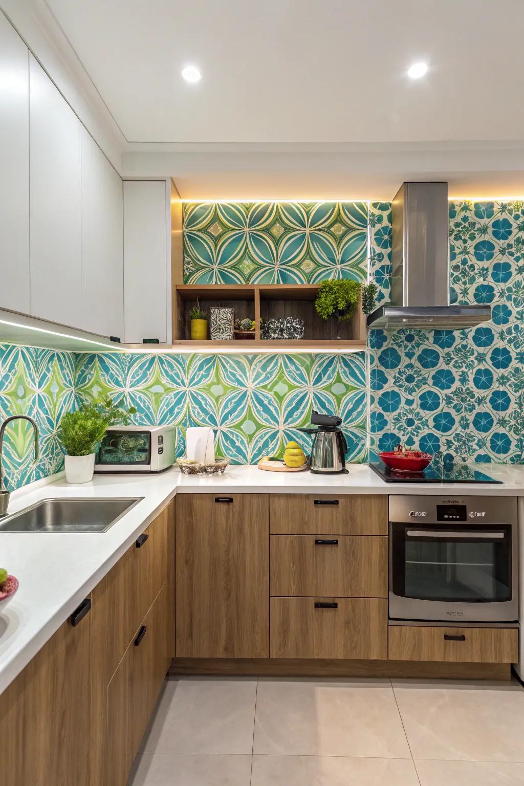 Wallpaper offers a dynamic and easily changeable kitchen backsplash.