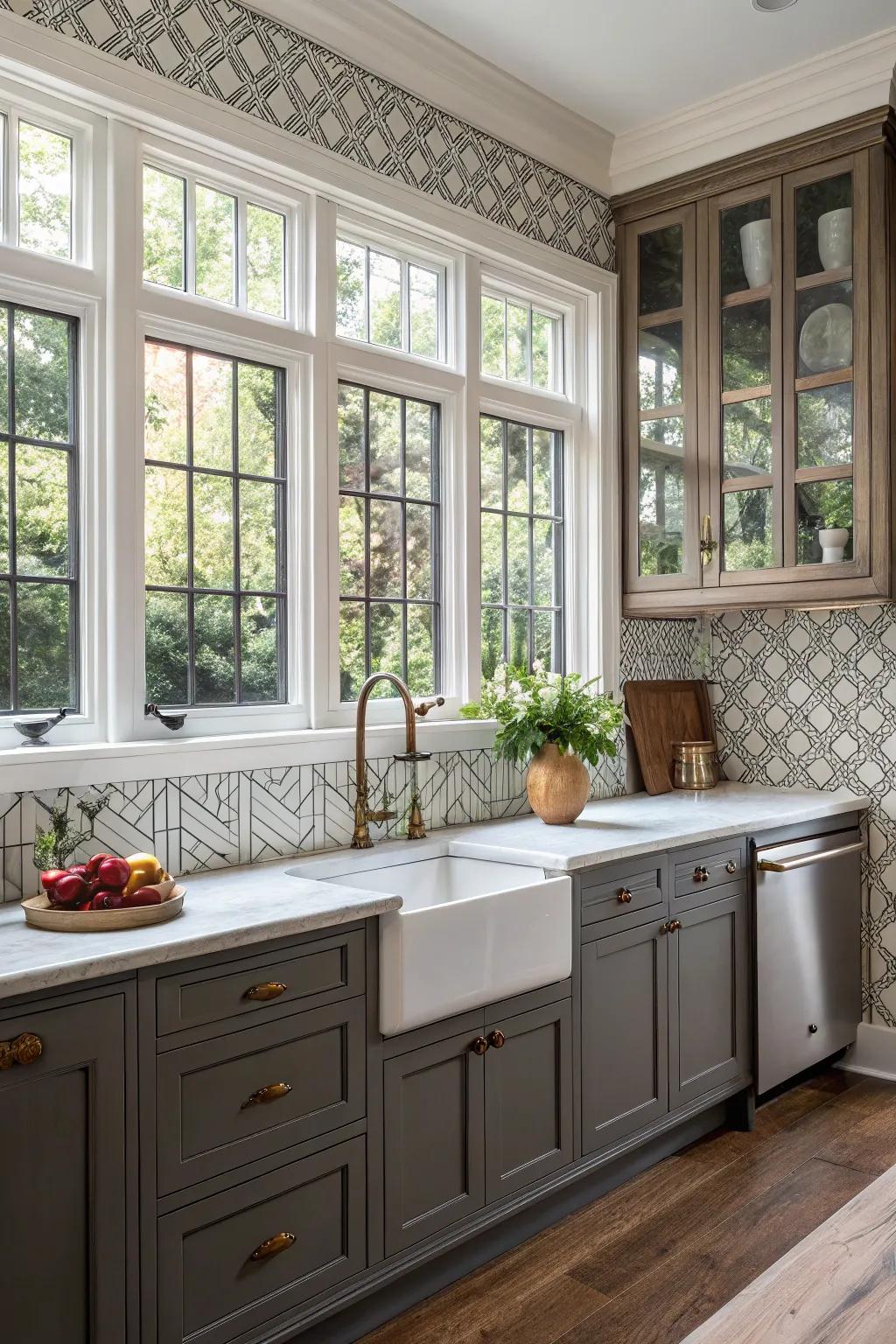 A harmonious fusion of traditional window frames within a contemporary backsplash layout.
