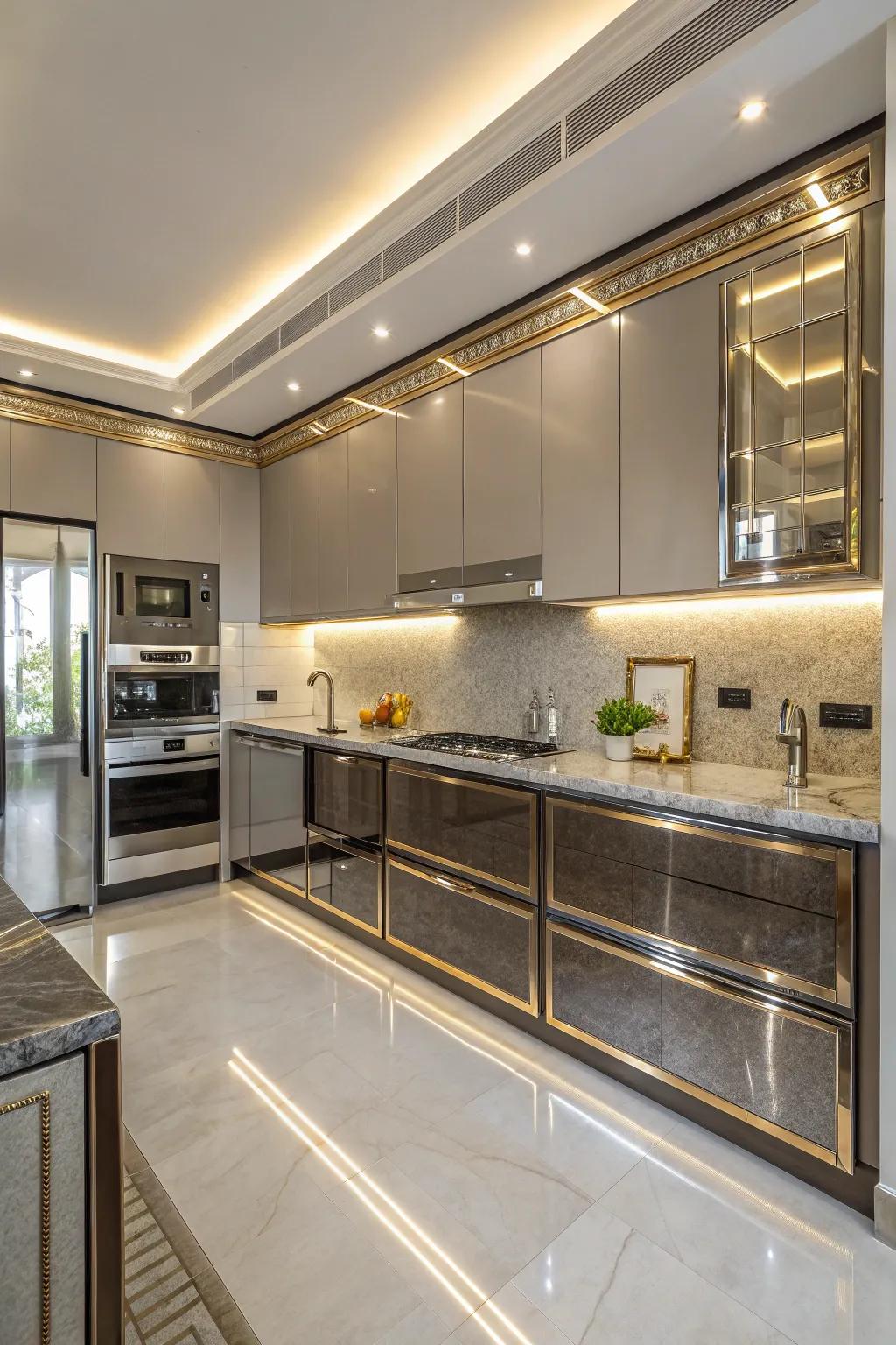 Polished metal trims introduce smooth sophistication to your kitchen.