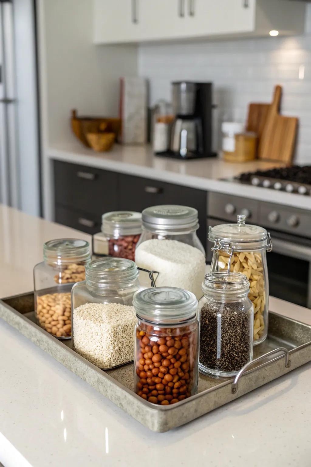 Glass vessels gracefully amalgamate storage solutions with aesthetic allure.