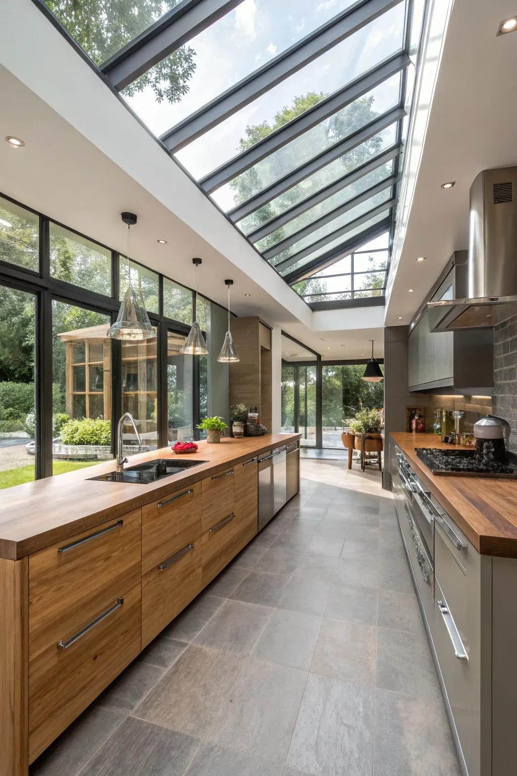 The harmony of diverse materials is amplified by daylight from skylights.