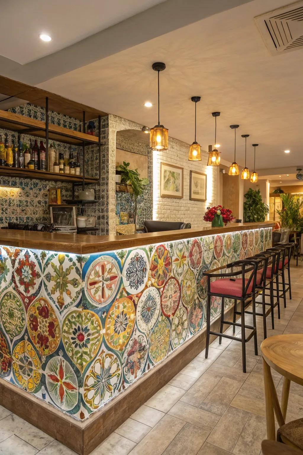 Colorful squares introduce a vibrant element to this bar.