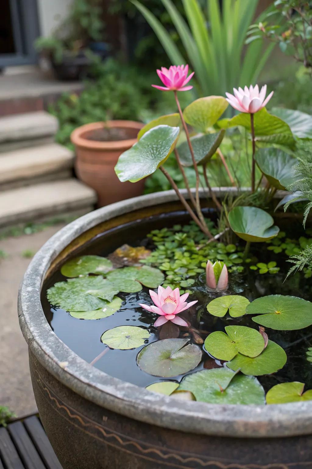 A serene water feature crafted from a simple pot.