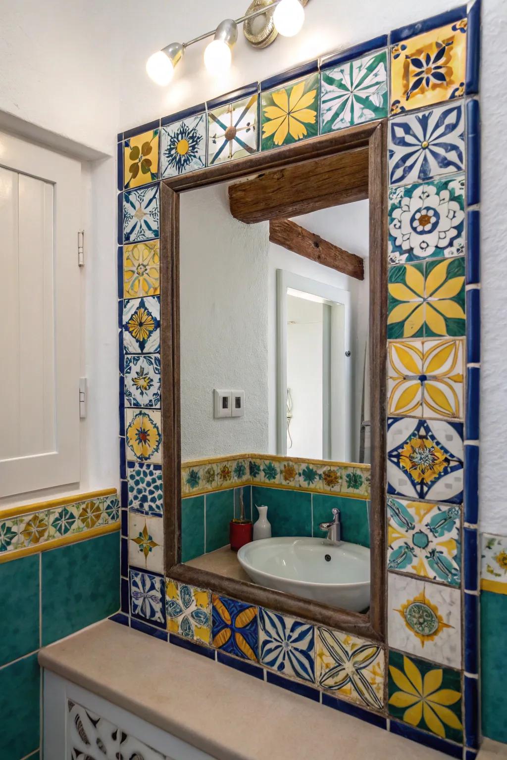 Tile frames enhance color and texture, creating an artistic mirror transformation.