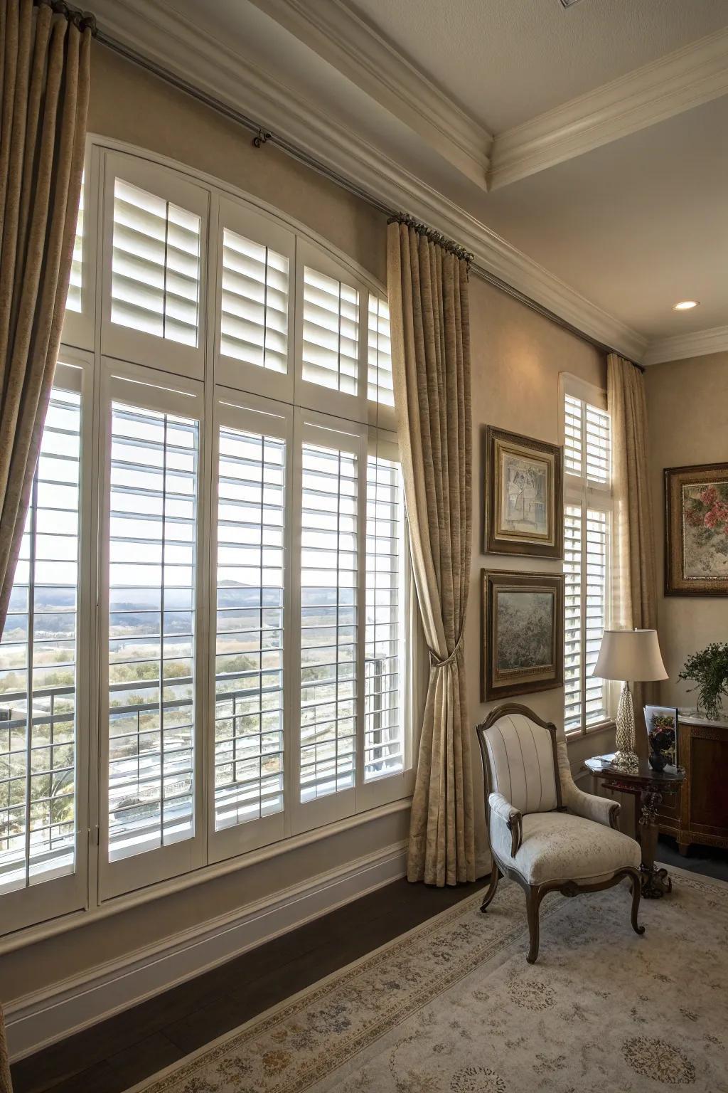 Plantation shutters provide classic elegance and light control.