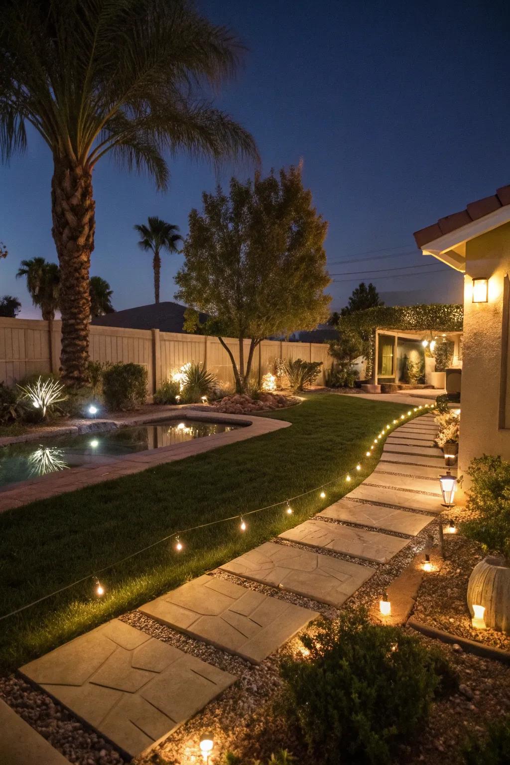 Ambient outdoor lighting in a Las Vegas backyard at night.