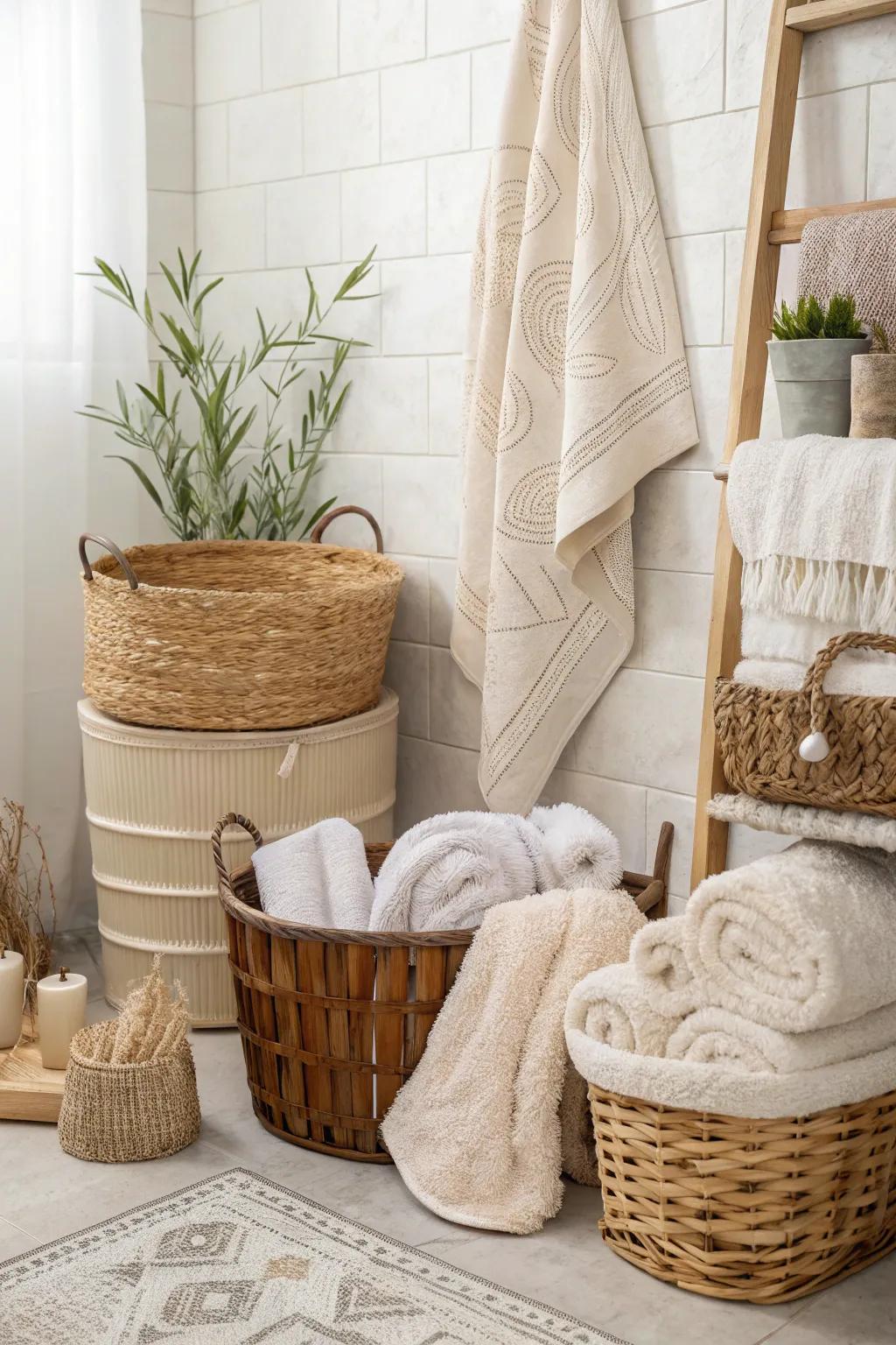 Textures add warmth and interest to a light and airy bathroom.