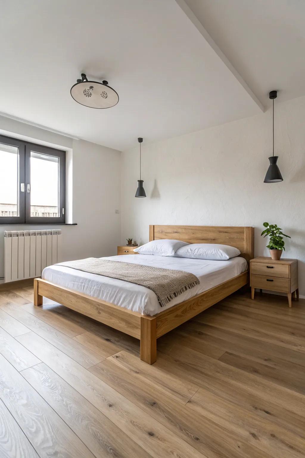 Minimalist decor emphasizing the spaciousness of a bedroom with pale timber floors.