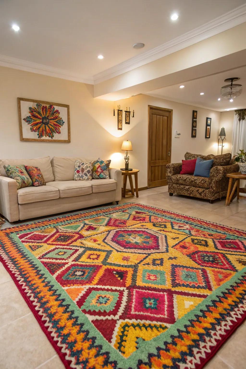 Colorful rugs can ground and unite your living room design.