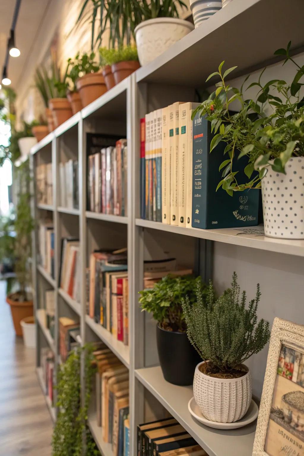 Greenery adds a refreshing touch to your bookshelves.