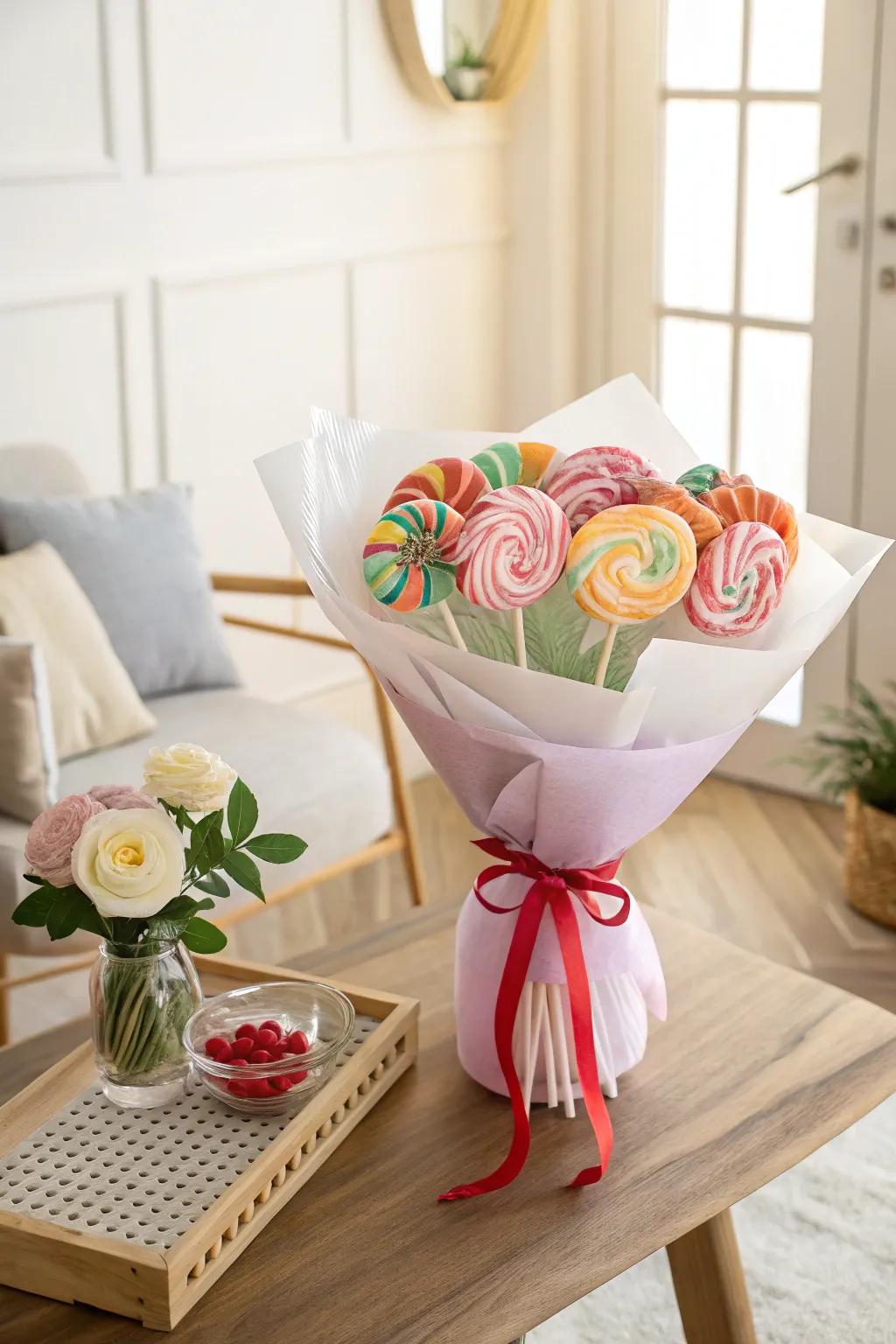 A charming sweet treat posy wrapped with ribbon