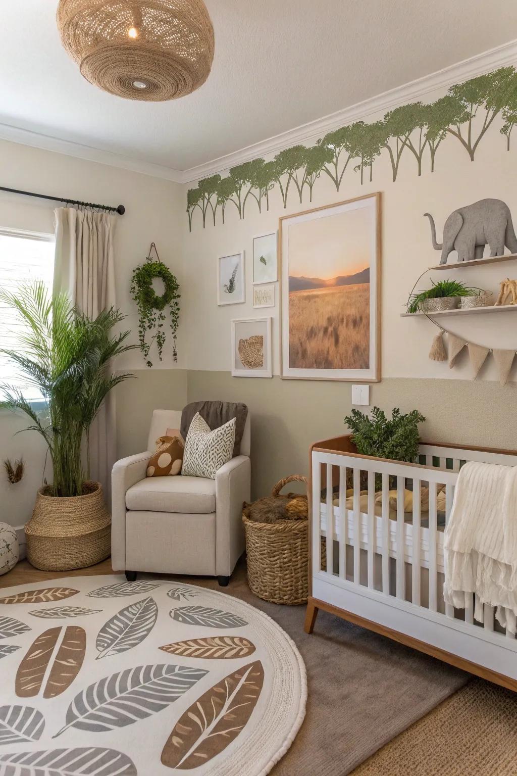 A thematic nursery featuring subtle safari elements for an elegant touch.