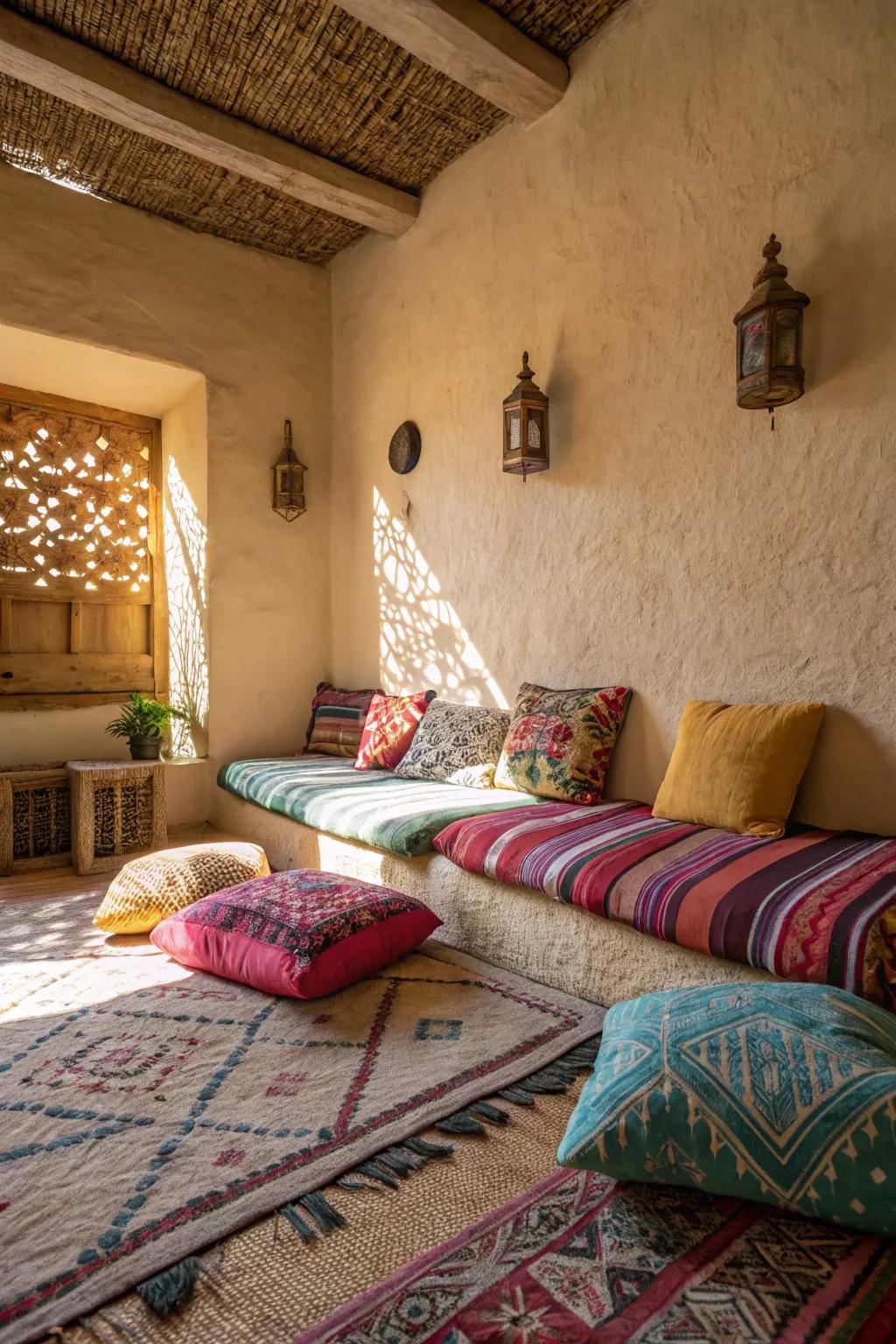 A bedroom with colorful cushions and a textured rug.